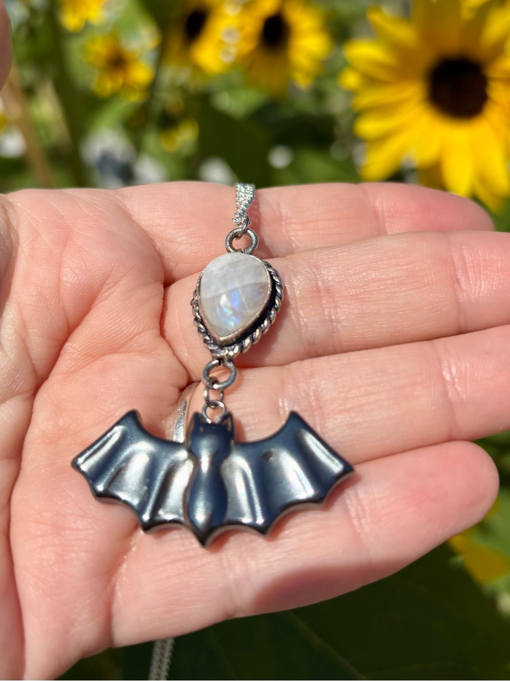 Silver Bat Pendant Necklace with Moonstone Accent